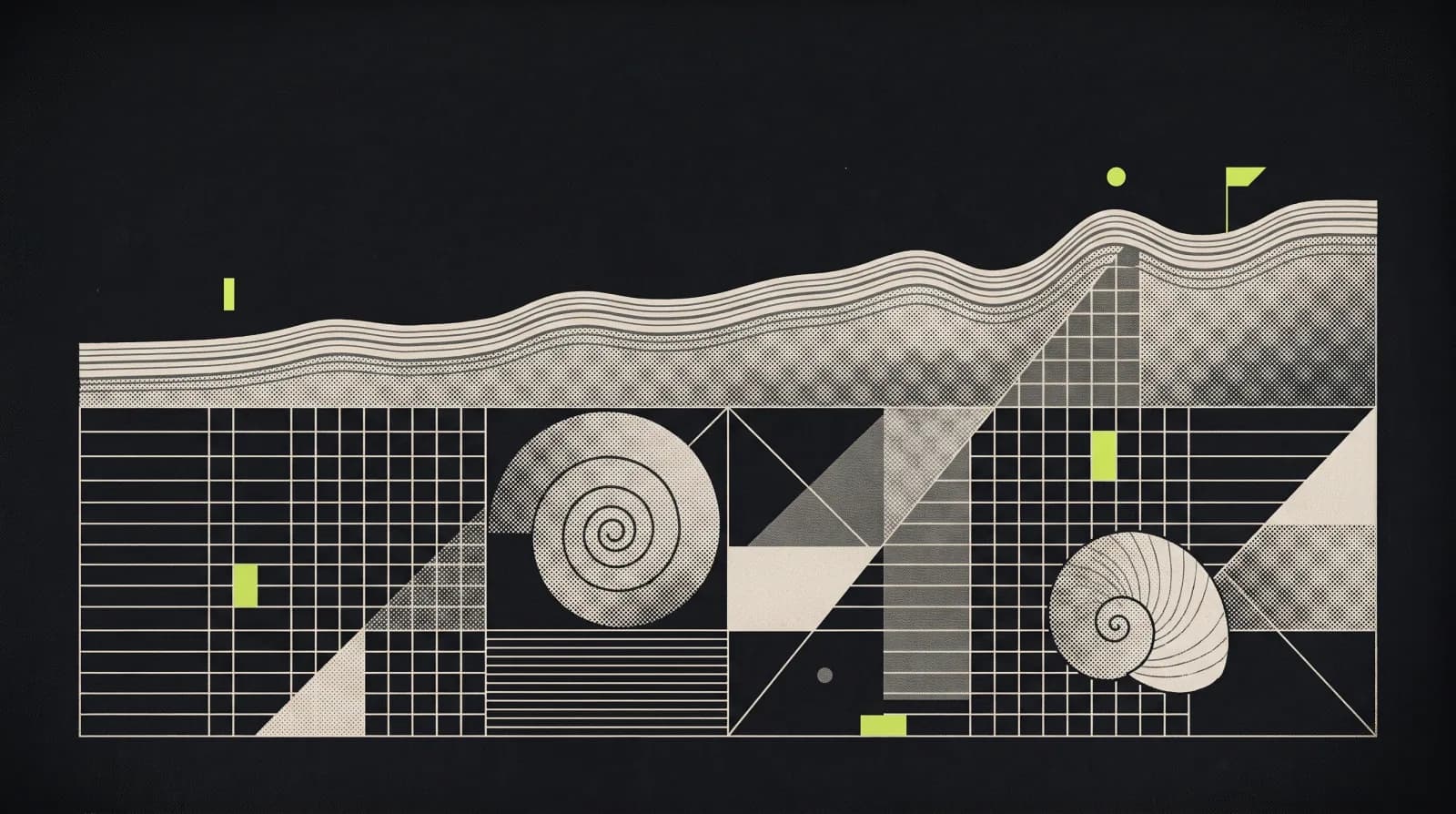 Abstract archival landscape built from survey contours, catalogue grids, triangles, and fossil spirals.