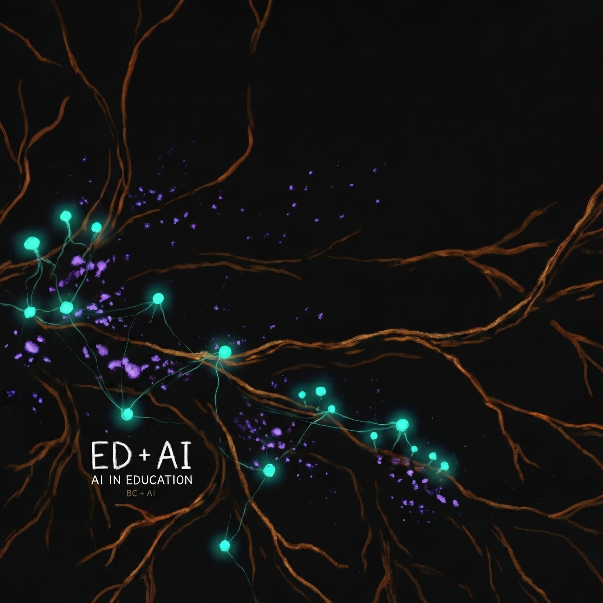 Ed + AI series art: teal bioluminescent mushrooms on ochre branches over a violet spore print, with the ED + AI and AI in Education lettering.