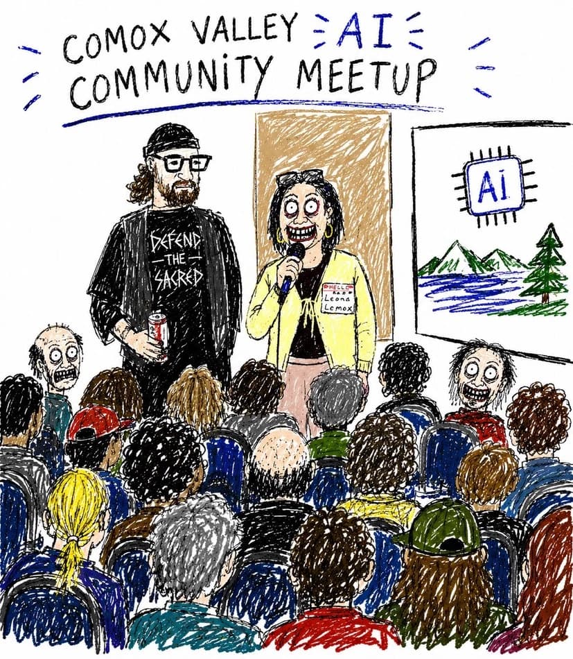 Hand-drawn Comox Valley AI Community Meetup poster showing Lourdes Gant and Kris Krüg with the local audience.