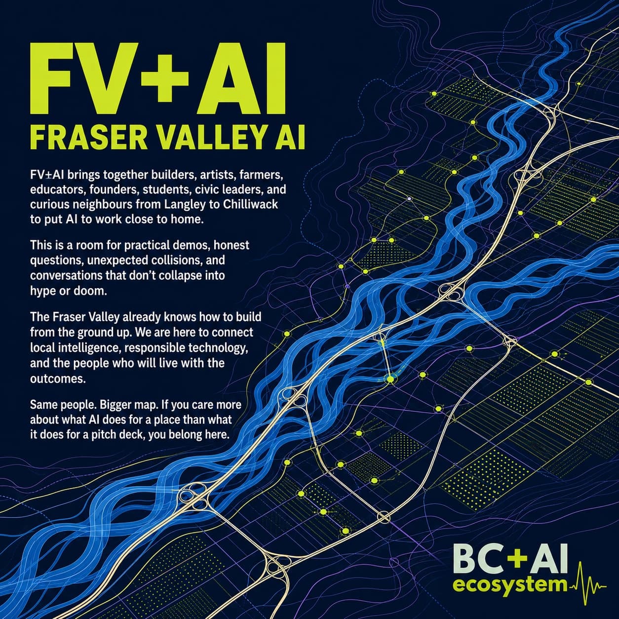 Fraser River systems map connecting fields, roads, and communities across the Fraser Valley.