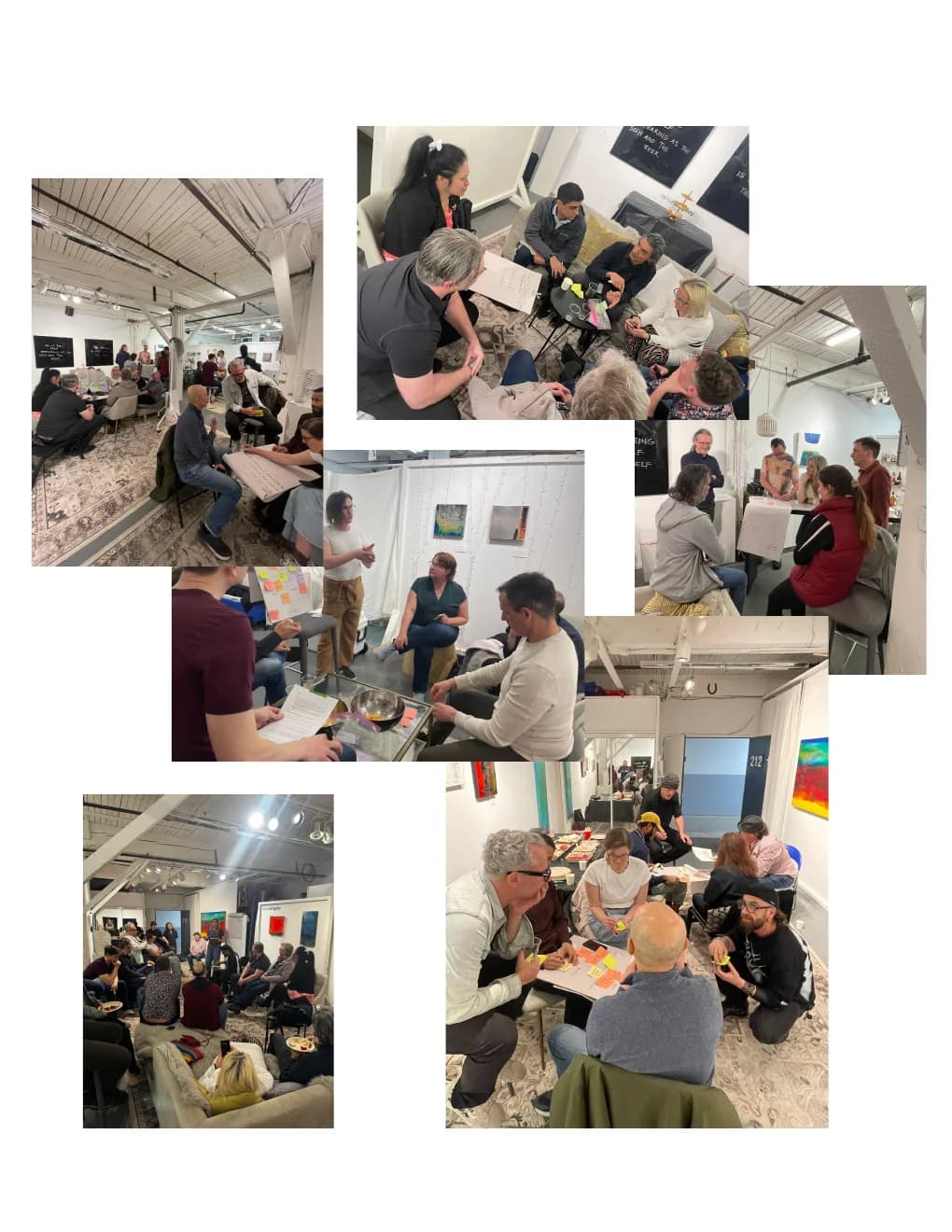 Full-page photo collage from the AI Ethical Futures Lab number 1 public report showing participants working in small groups.