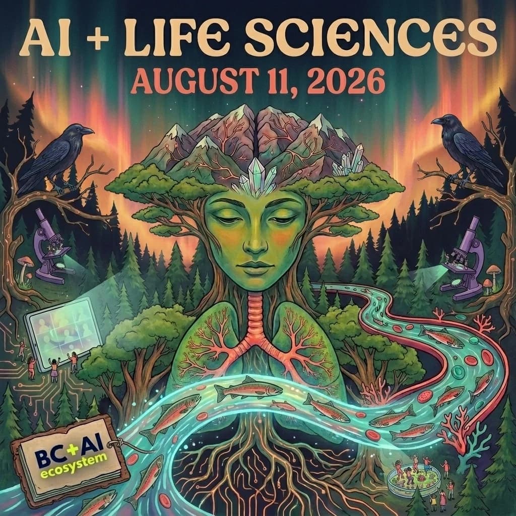 AI and Life Sciences event artwork with a forest figure, ravens, microscopes, salmon, mountains, and the August 11, 2026 date.