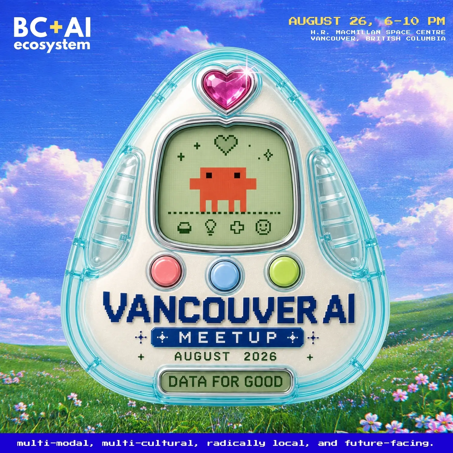 Vancouver AI Meetup 32 poster styled as a handheld virtual pet device with the words Data for Good.