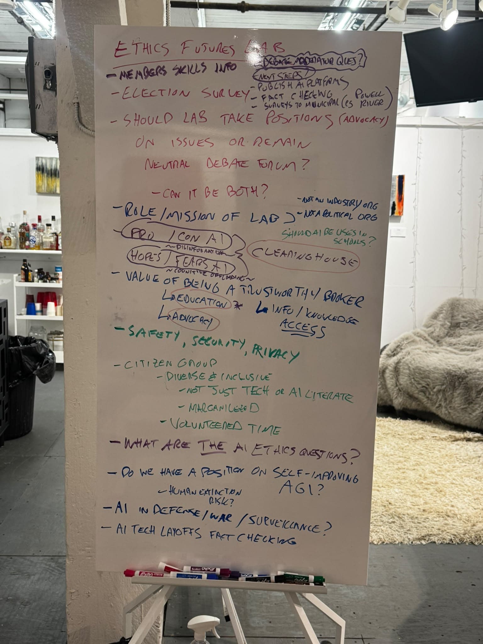 Whiteboard notes on the Lab mission, public questions, safety, security and privacy.