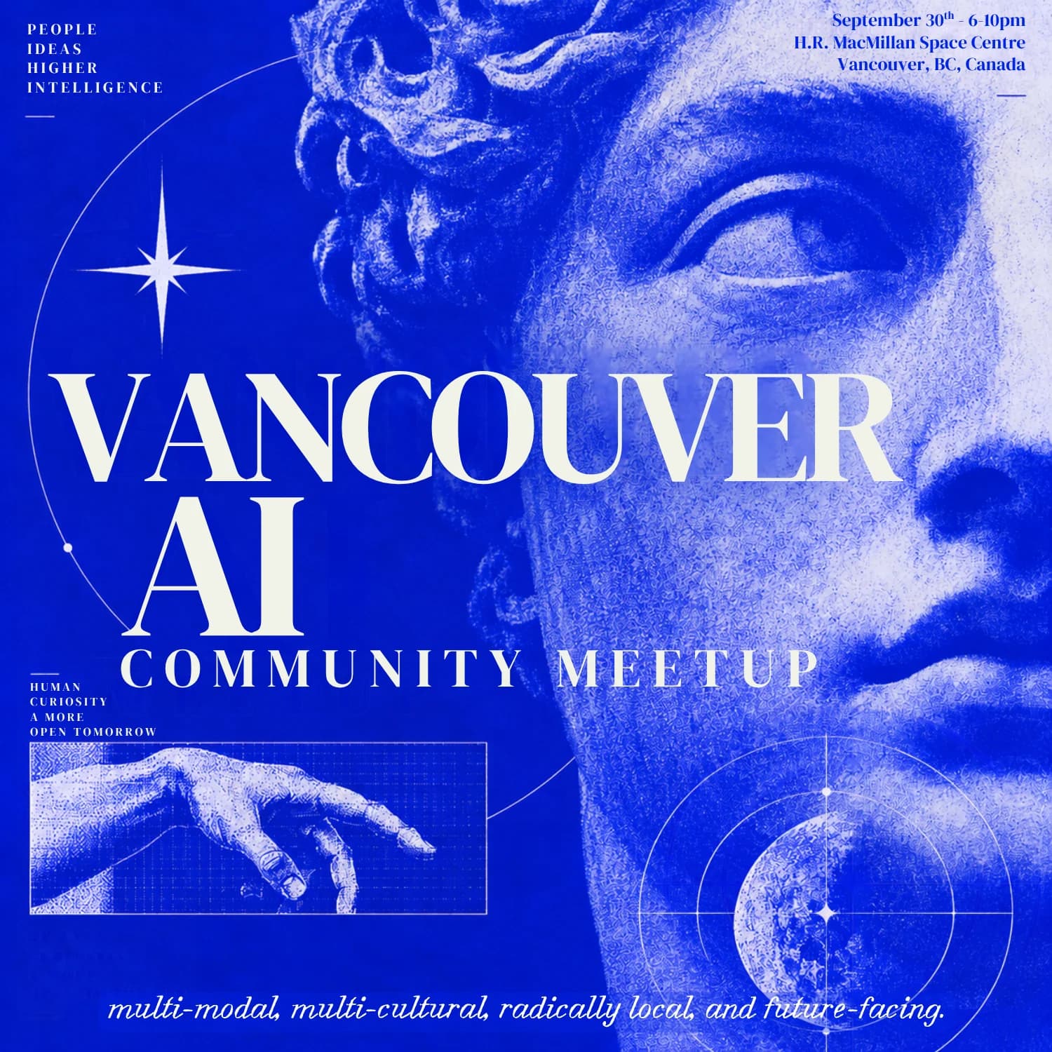 Vancouver AI Community Meetup artwork: a classical sculpture, orbit lines, and a moon in electric blue.