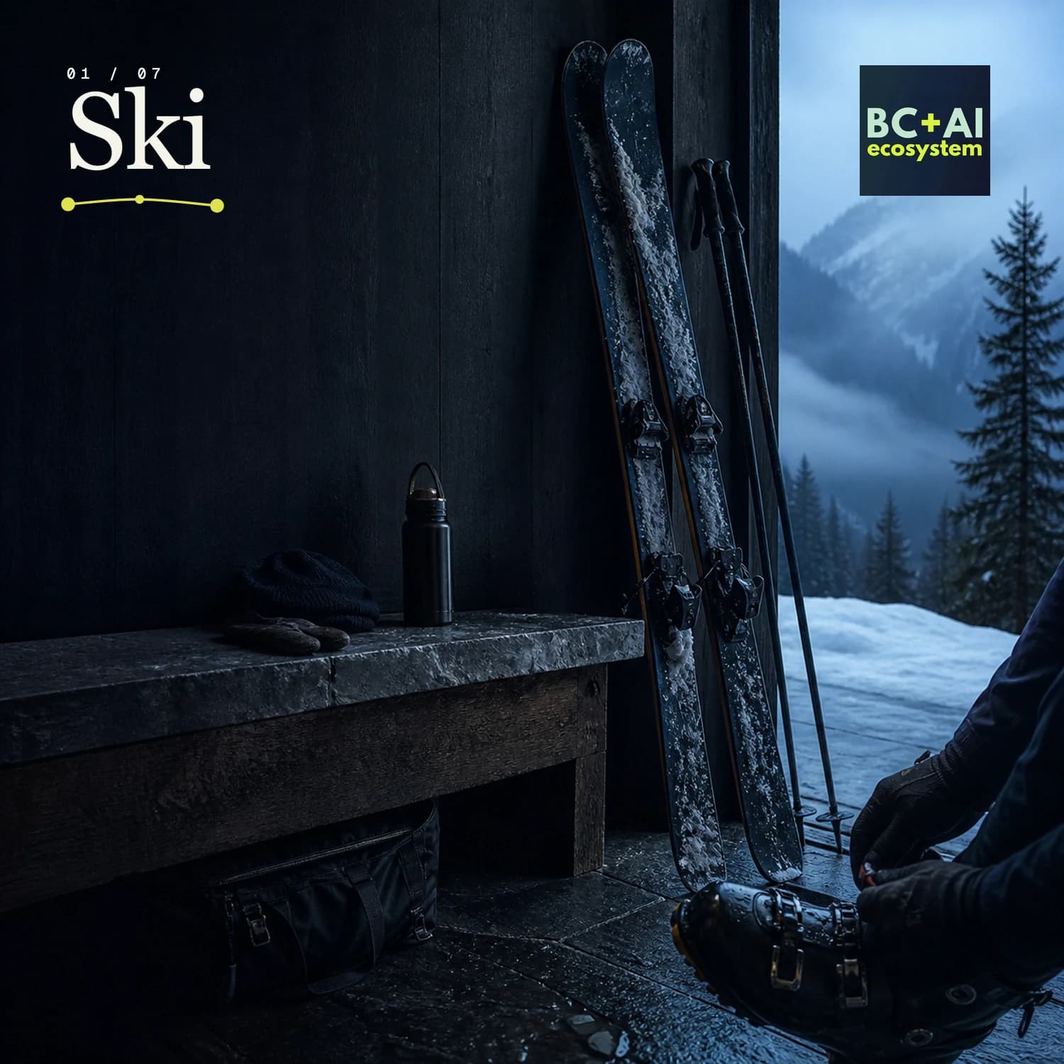 Concept artwork: used skis and boots in a dark equipment room, hands fastening gear, snow visible beyond the doorway