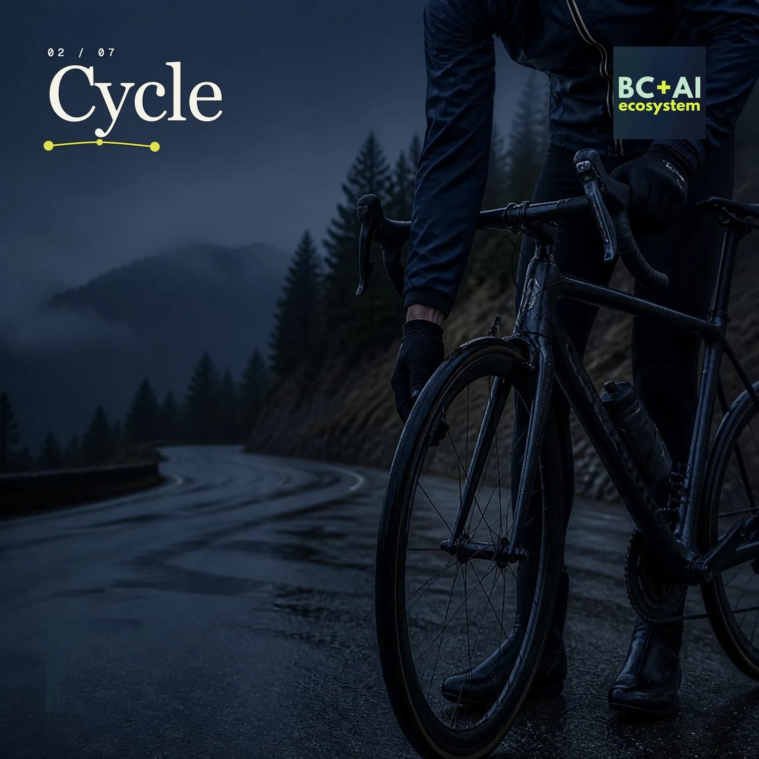 Concept artwork: a rain-darkened road bicycle and rider on a quiet coastal mountain road at dusk