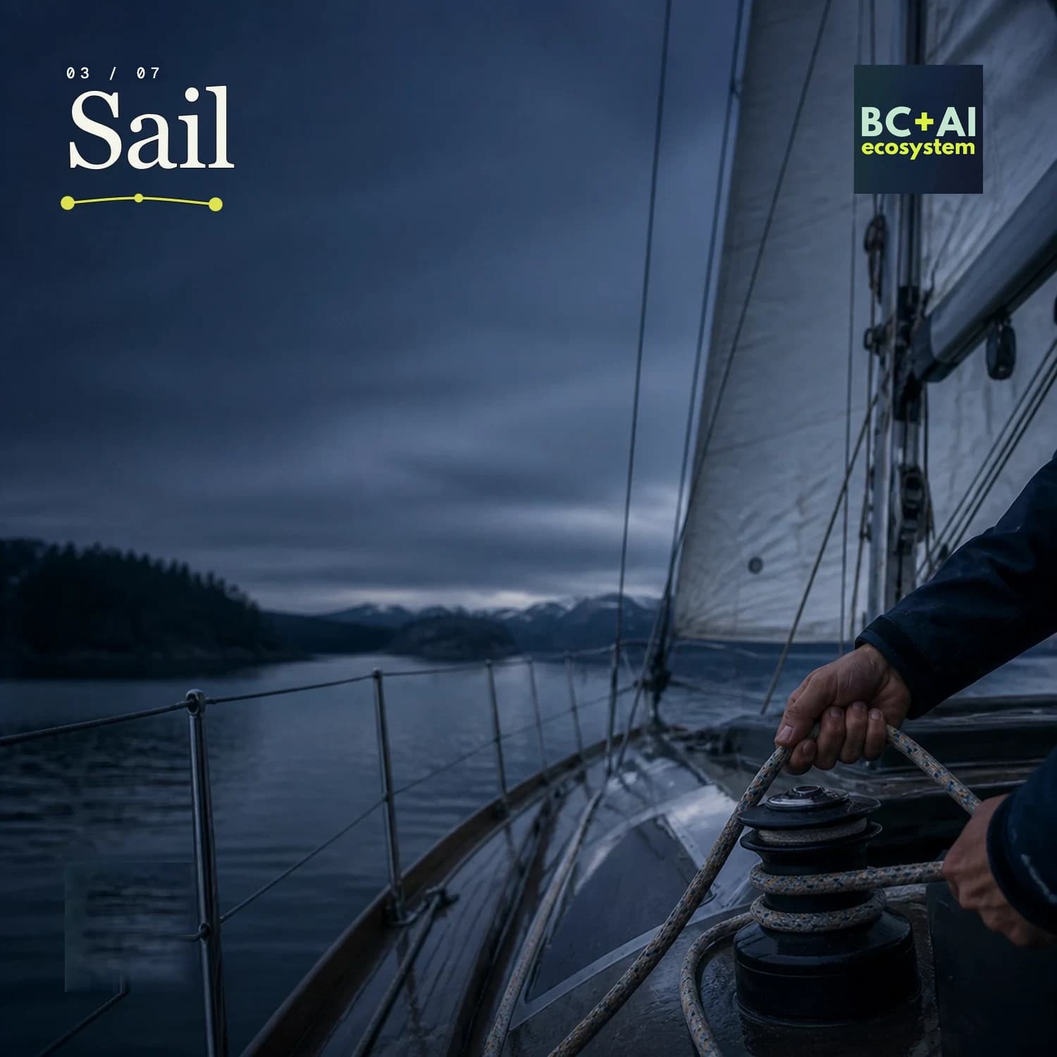 Concept artwork: hands working a winch and line in the cockpit of a modest sailboat at blue hour