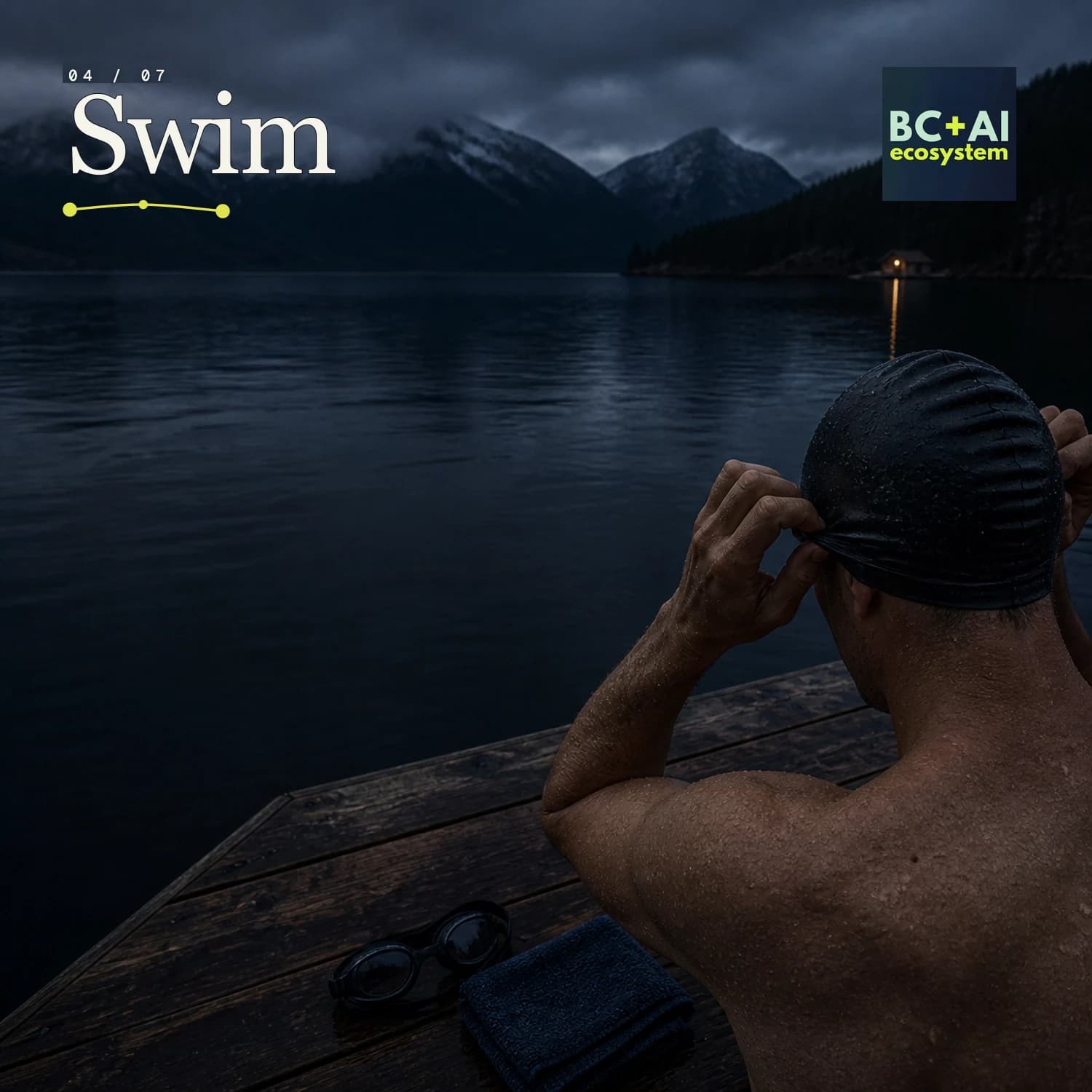 Concept artwork: a cold-water swimmer seen from behind at a dark dock, adjusting a cap before entering still coastal water