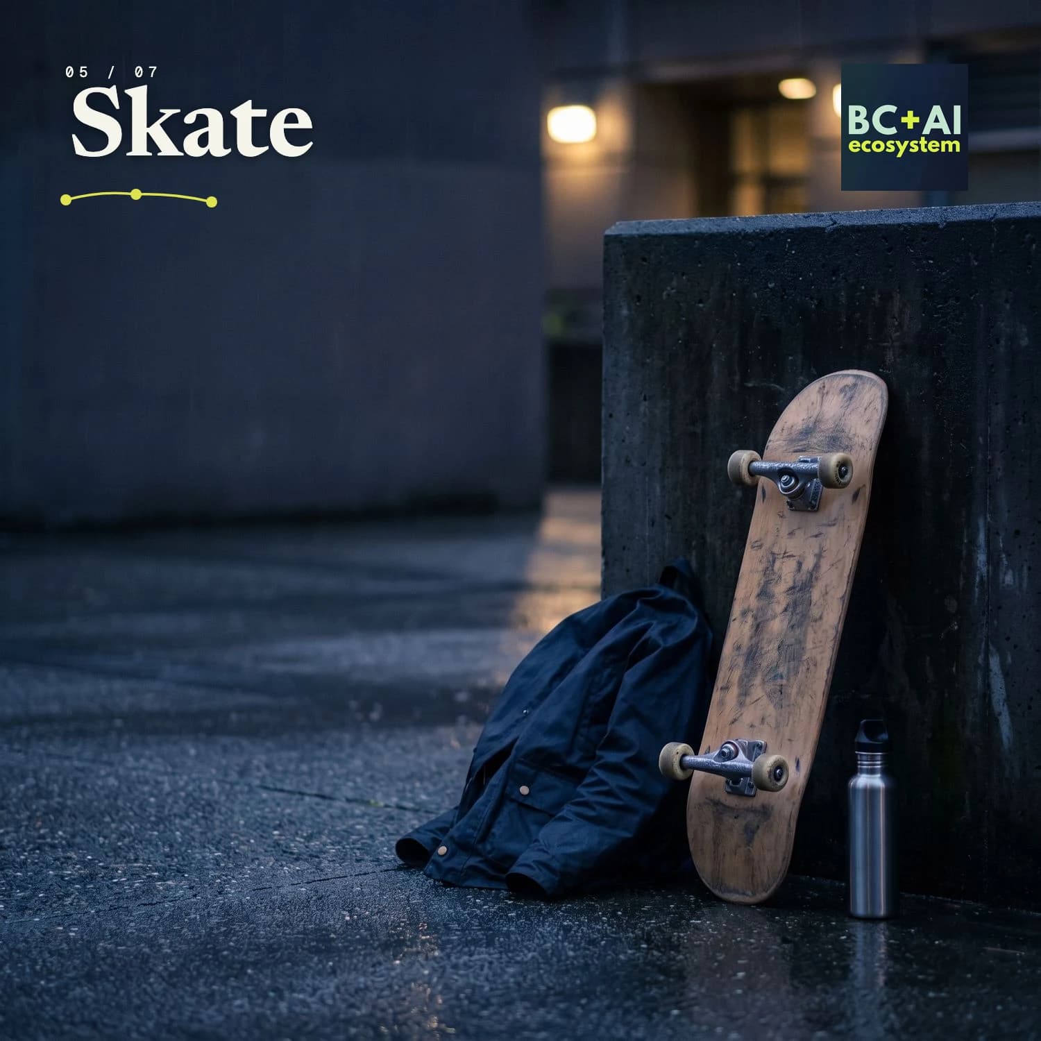 Concept artwork: a well-used skateboard against a rain-darkened concrete wall on wet pavement at blue hour, with a folded jacket and a water bottle beside it