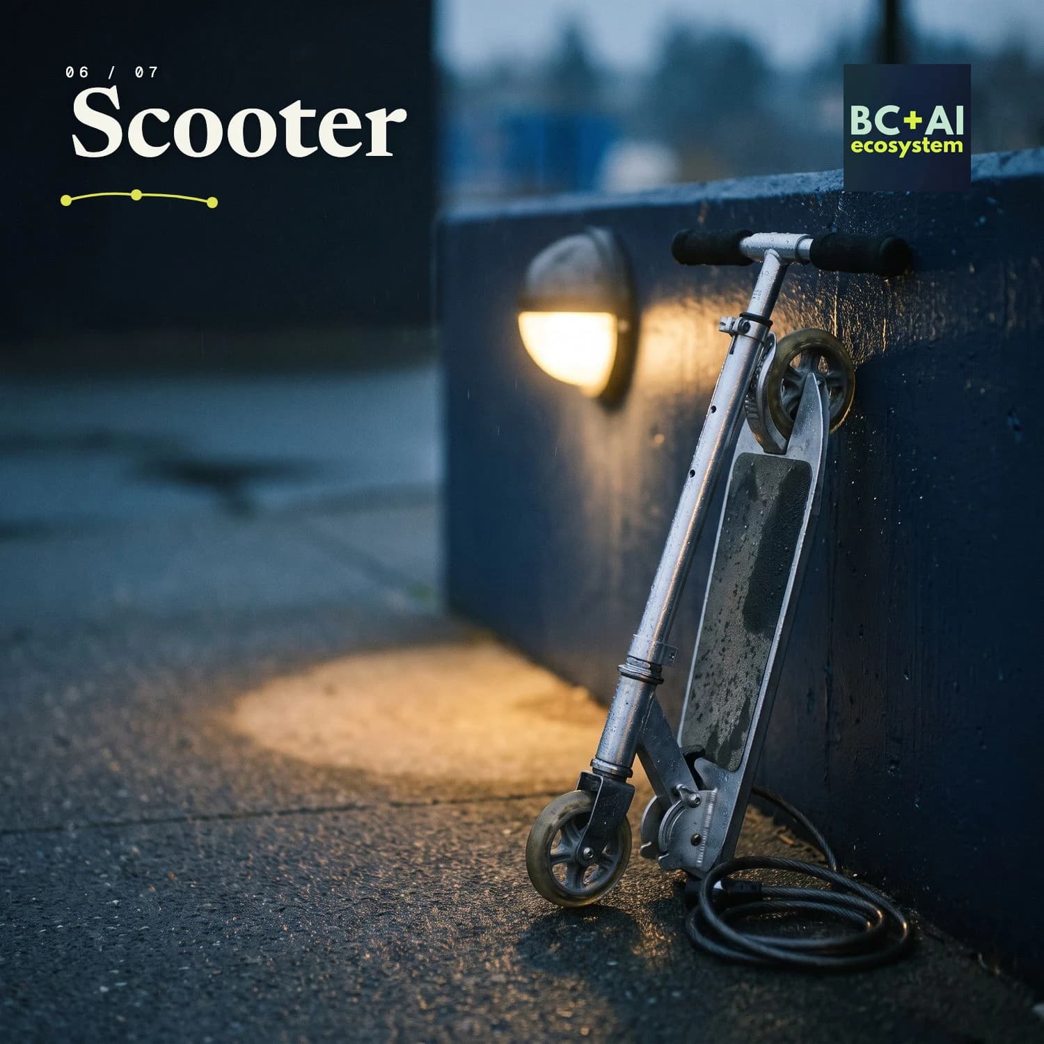 Concept artwork: a folded adult kick scooter with worn grip tape leaning against a wet wall under a warm streetlamp, a cable lock on the ground