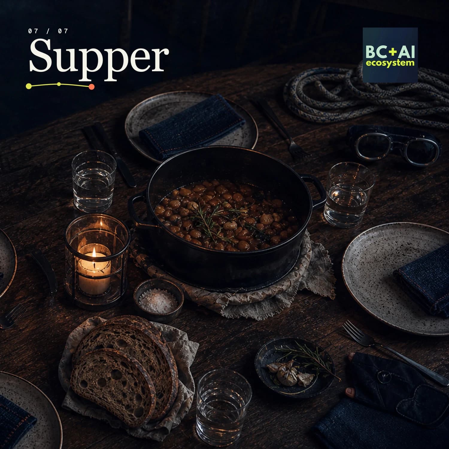 Concept artwork: an intimate post-route supper on a worn timber table with dark ceramics, bread, candlelight, and technical gear at the edges