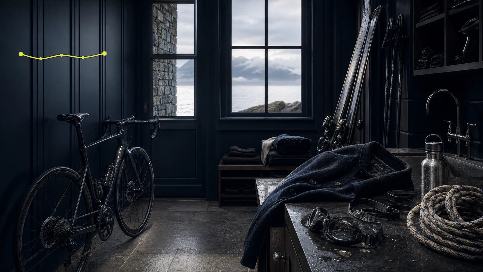 Photographic concept artwork of a dark coastal equipment room with a bicycle, skis, goggles, rope, and outdoor gear