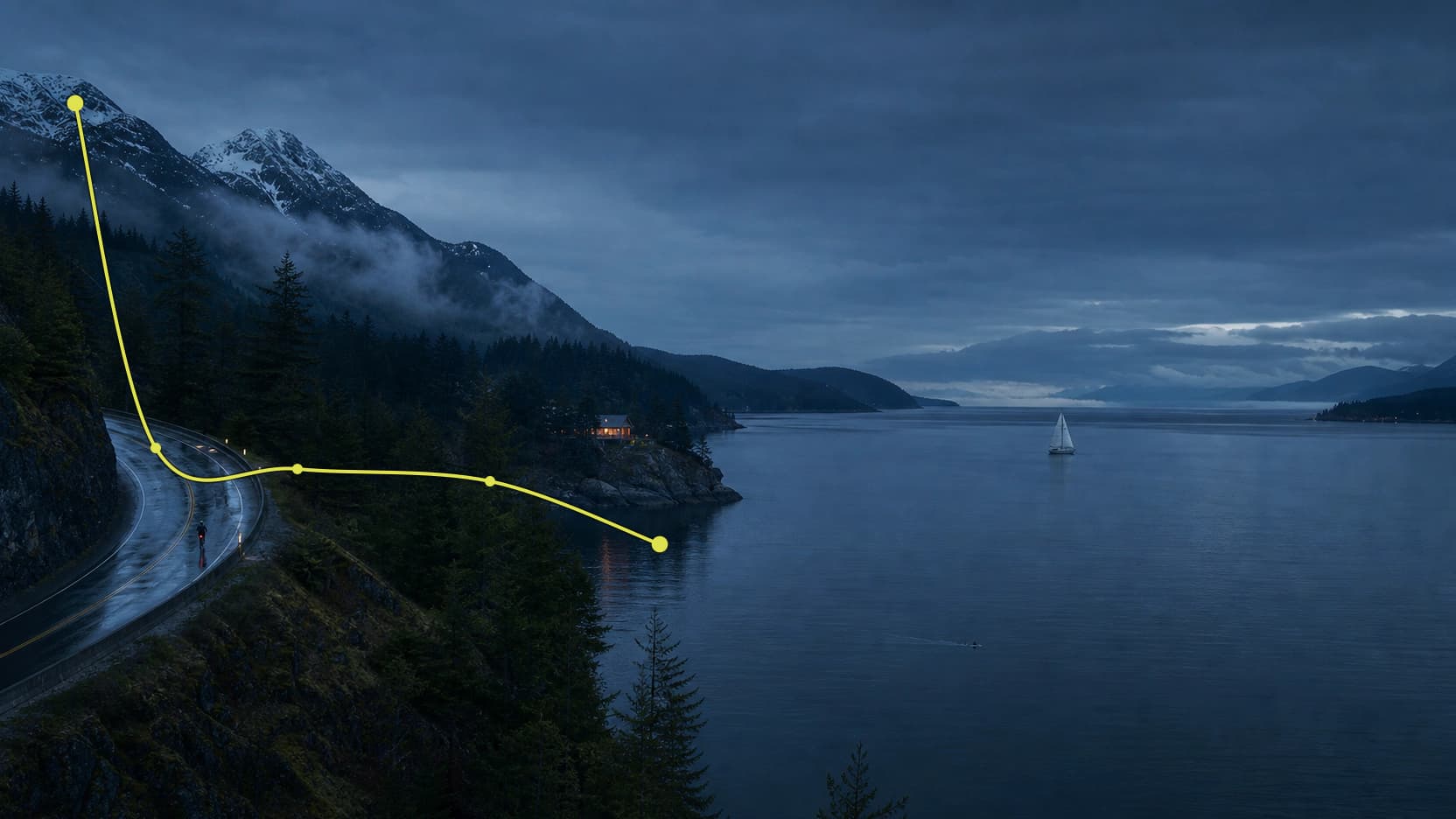 Photographic concept artwork of a wet mountain road descending from a snowy North Shore ridge toward the sea, connected by a chartreuse route line