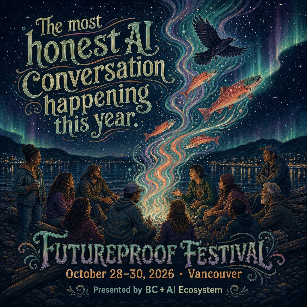 Futureproof Festival artwork showing people in conversation beside Vancouver under the northern lights