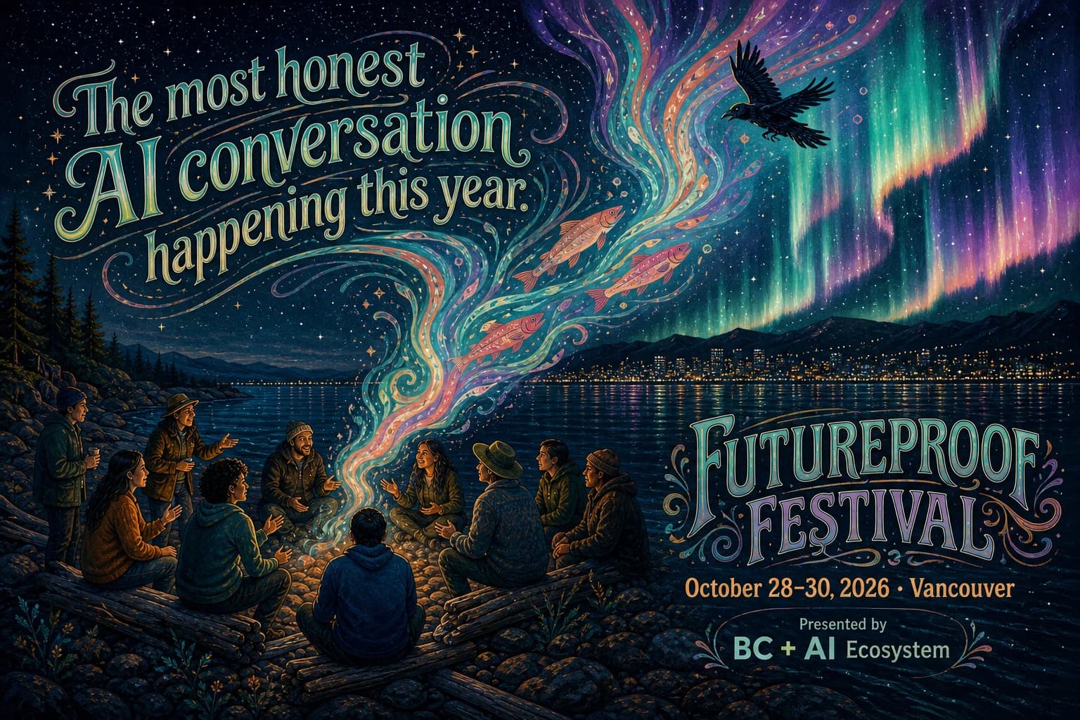 Futureproof Festival artwork showing people in conversation beside Vancouver under the northern lights