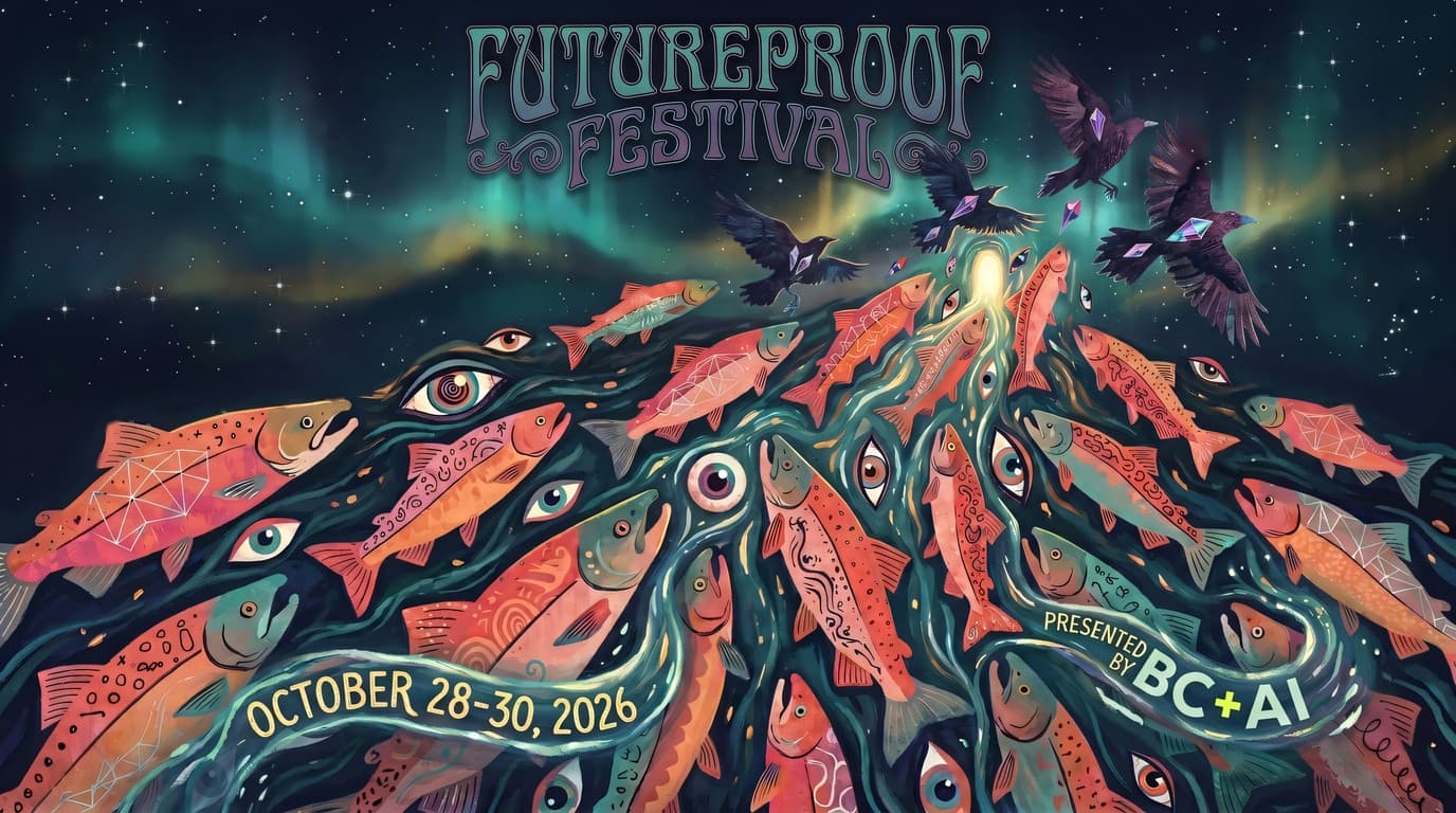 Futureproof Festival artwork with salmon swimming through an aurora toward a bright opening, surrounded by ravens and watchful eyes