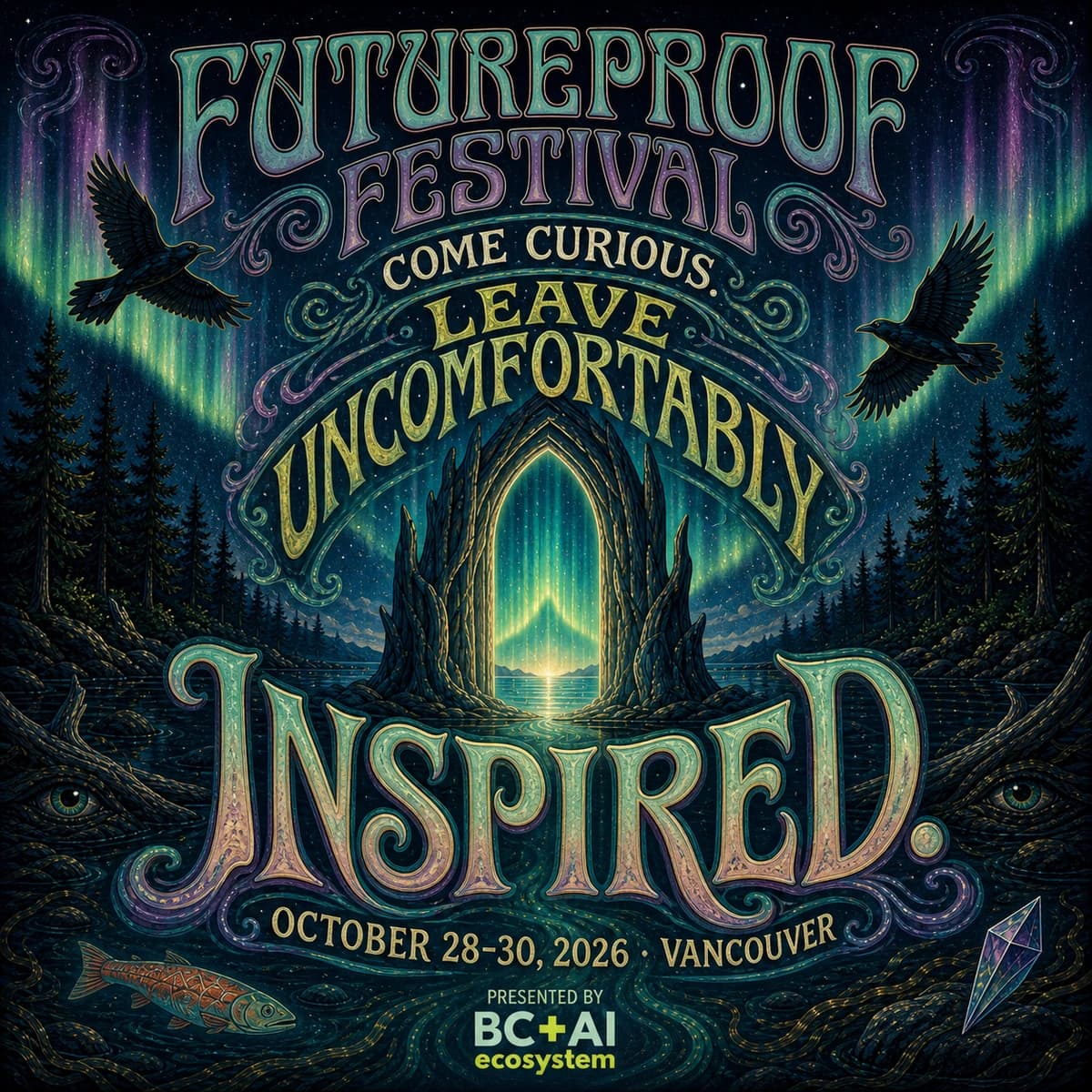 Futureproof Festival poster reading Come curious, leave uncomfortably inspired