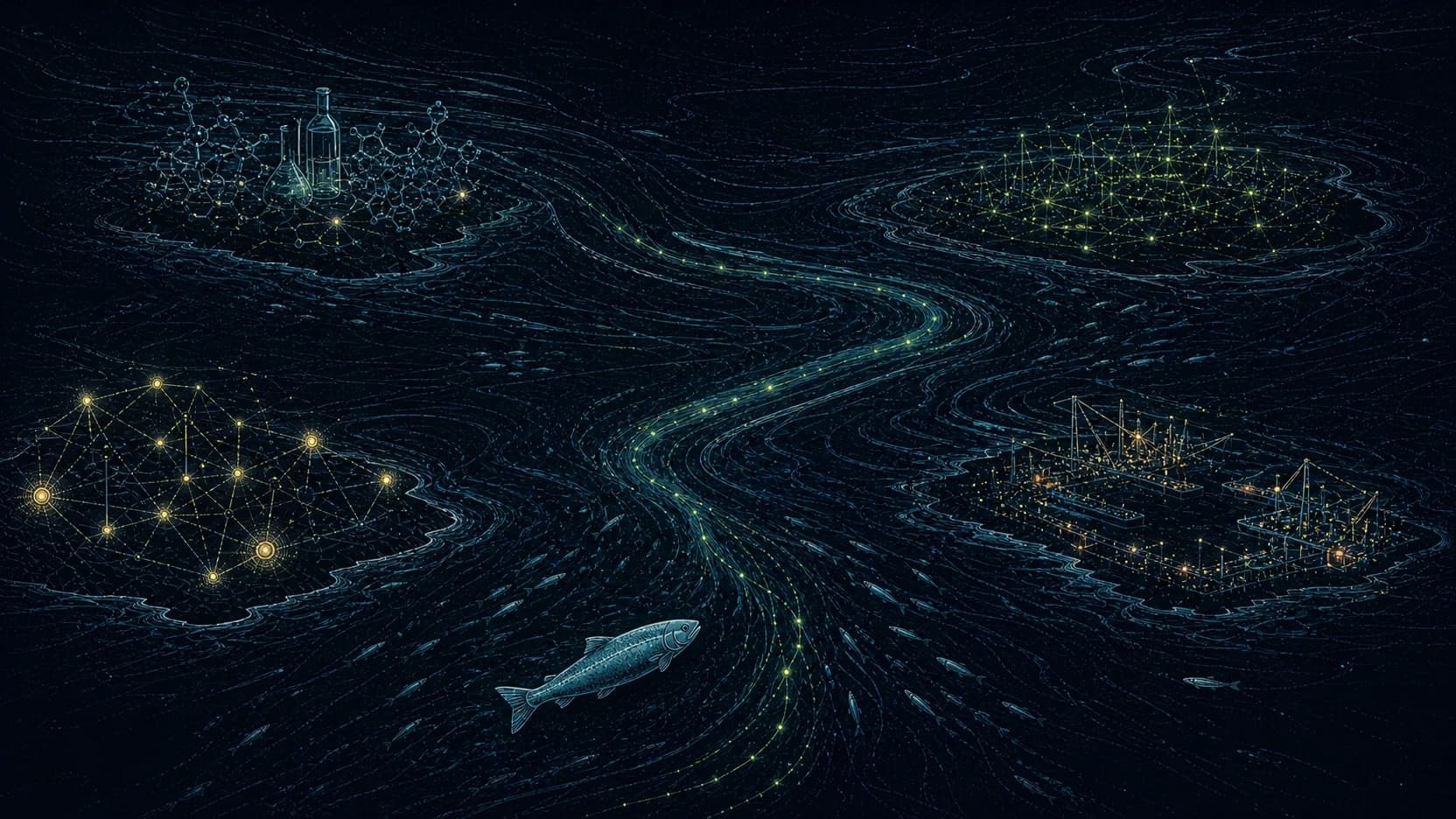 A salmon crosses dark open water between glowing research, network, and harbour constellations.