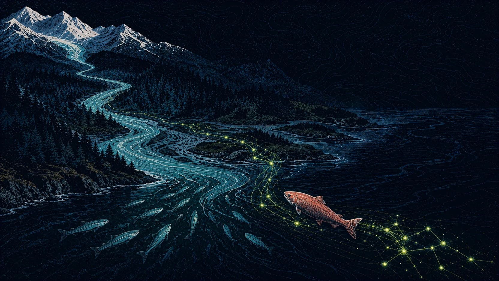A salmon follows a glowing network from open water into a mountain river alongside a returning school.