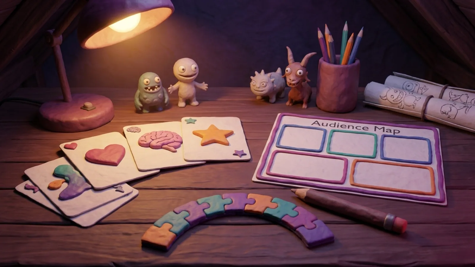 Tiny Ghost studio board mapping story beats, audience promise, and practical scope.