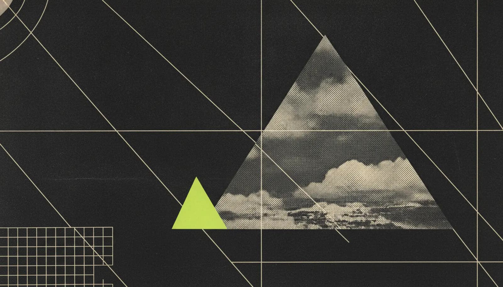 Archival-style graphic: a halftone triangle of mountains and cloud set against fine surveyor's rule lines on black, with a single lime-green triangle.