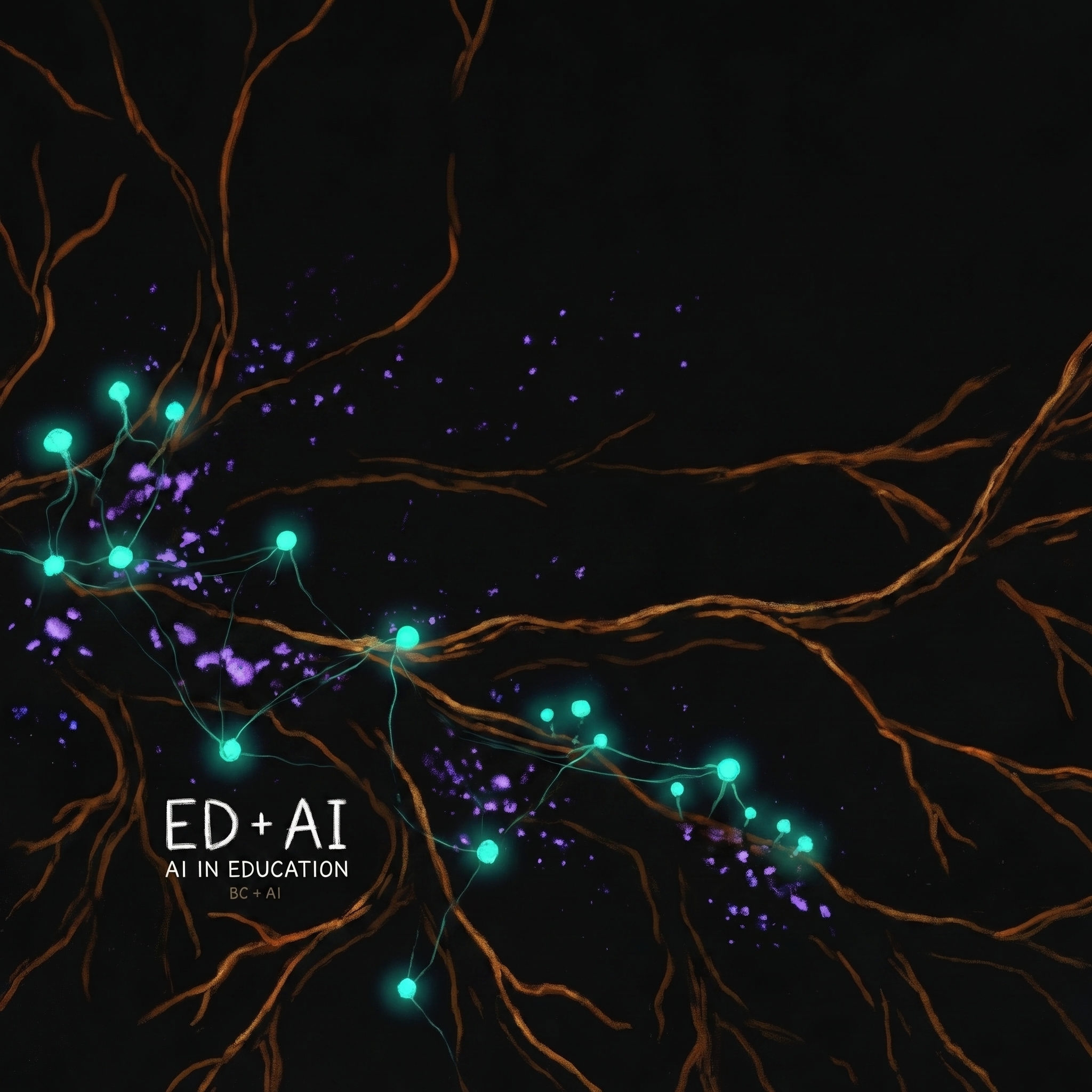 Branching lights over a dark landscape from the Ed + AI public meetup cover.