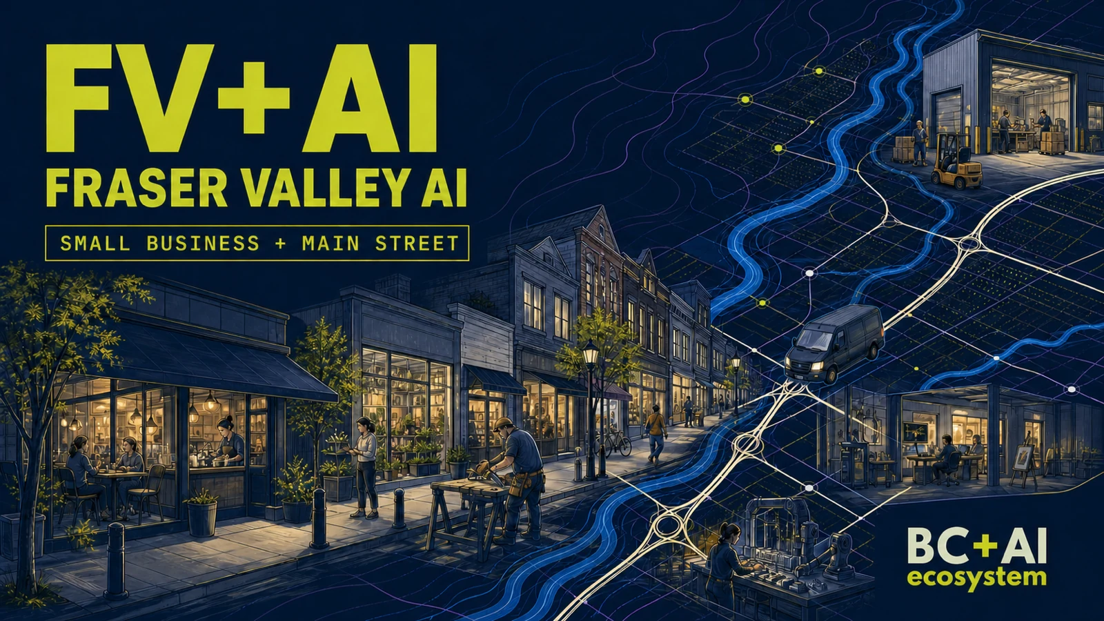 FV+AI graphic in the BC + AI ecosystem style, themed around small business and main street in the Fraser Valley.