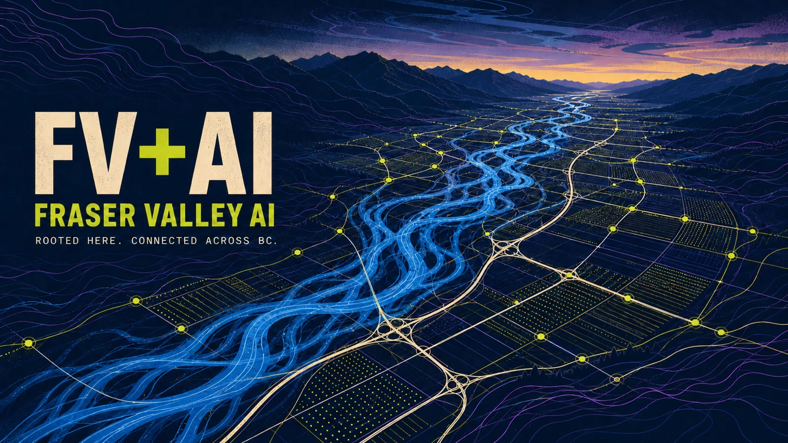 FV+AI Fraser Valley AI artwork: the braided Fraser River running through valley fields at dusk, with the FV+AI wordmark and the line "Rooted here. Connected across BC."
