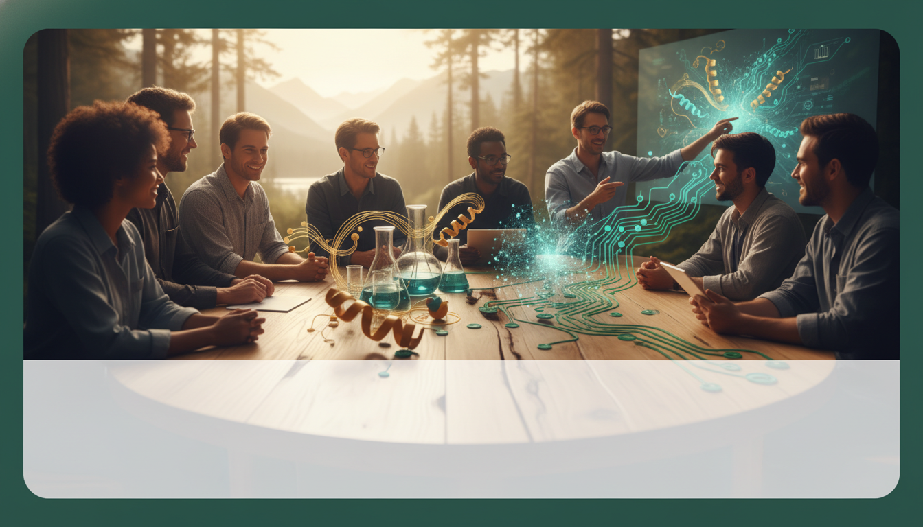 Life sciences and computation meeting scene with researchers, lab glass, biological patterns, and collaborative discovery energy.