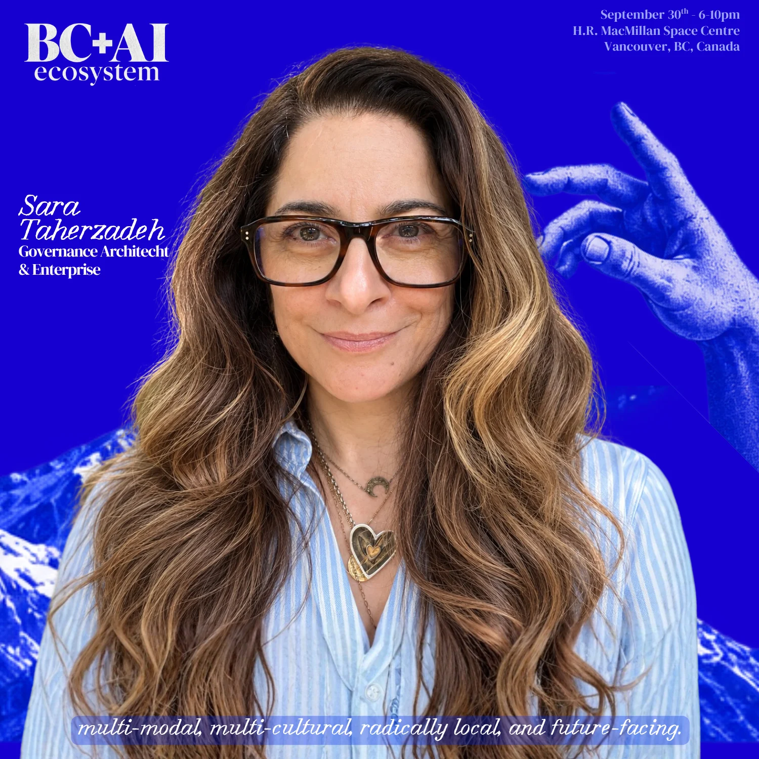 Sara Taherzadeh in the original blue September meetup campaign artwork.
