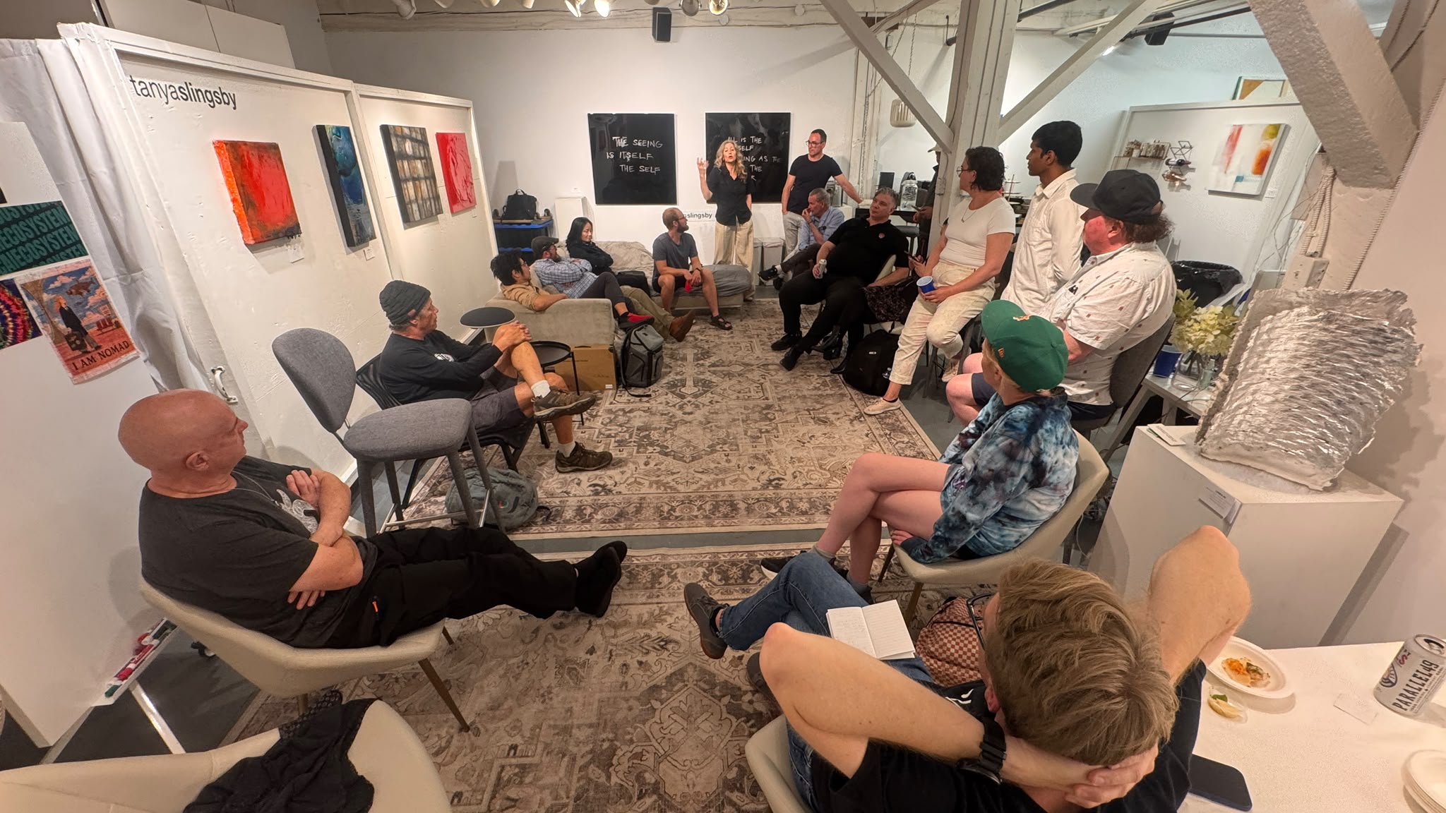 Wide room view of AI Ethical Futures Lab #5 at Parker Street Studios, with participants gathered for a working discussion.