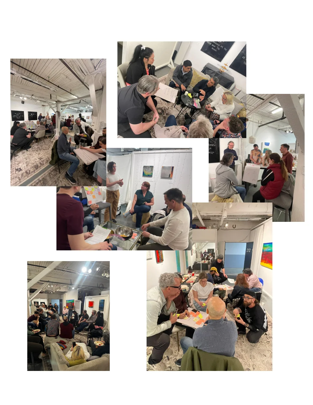 Collage of small groups working with sticky notes and clipboards at the AI Ethical Futures Lab People's AI Consultation session.