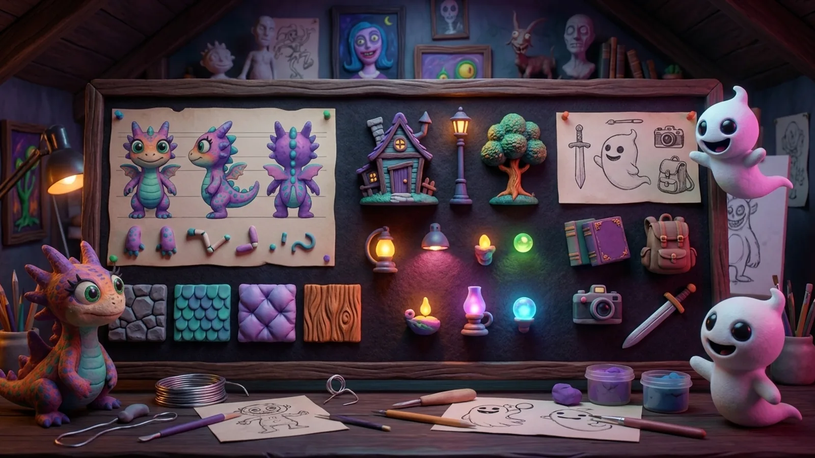 A handmade animation reference board showing character turnarounds, props, materials, lighting, and world details.
