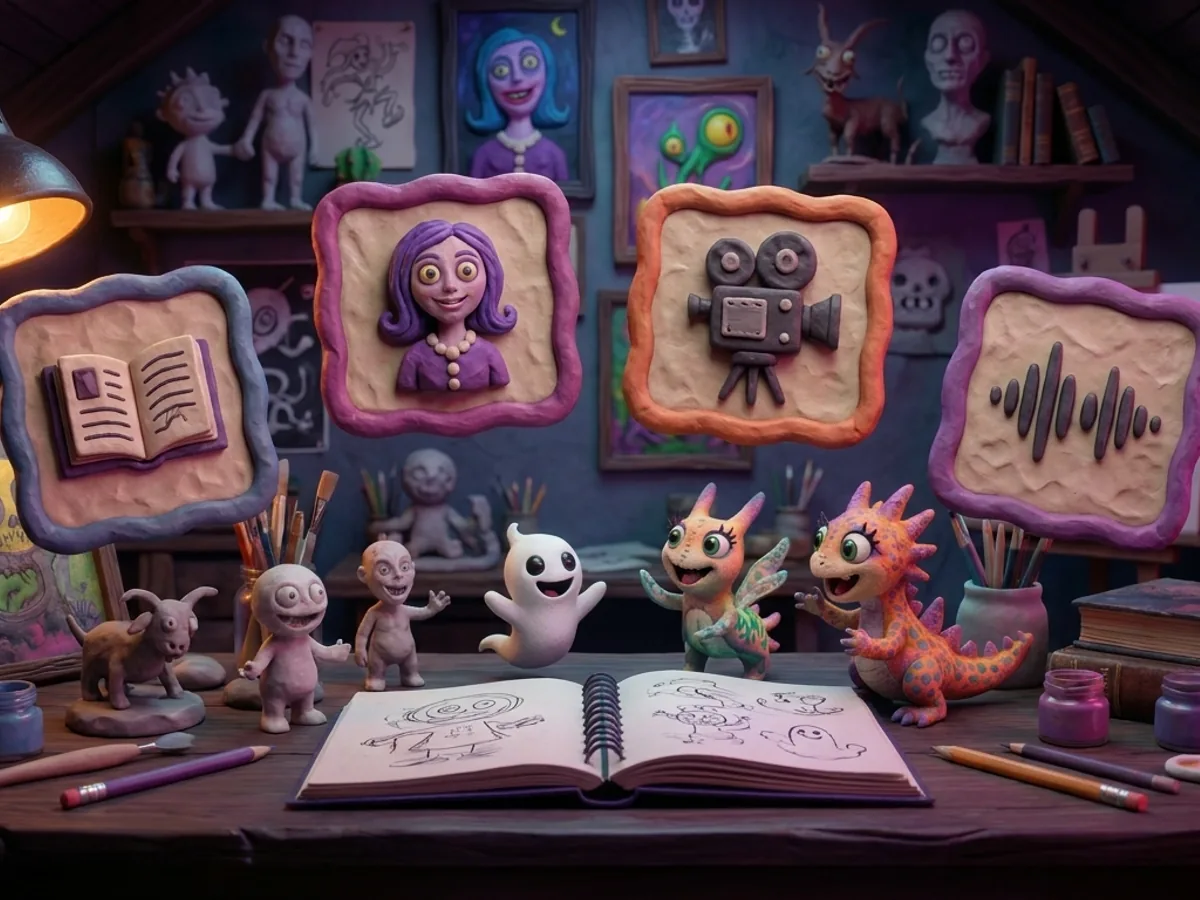 A clay animation workbench showing story, character, camera, and sound as four connected parts of a work-in-progress review.