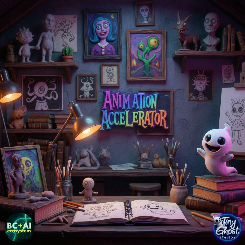 Animation Accelerator — illuminated art studio with BC + AI and Tiny Ghost Studios branding