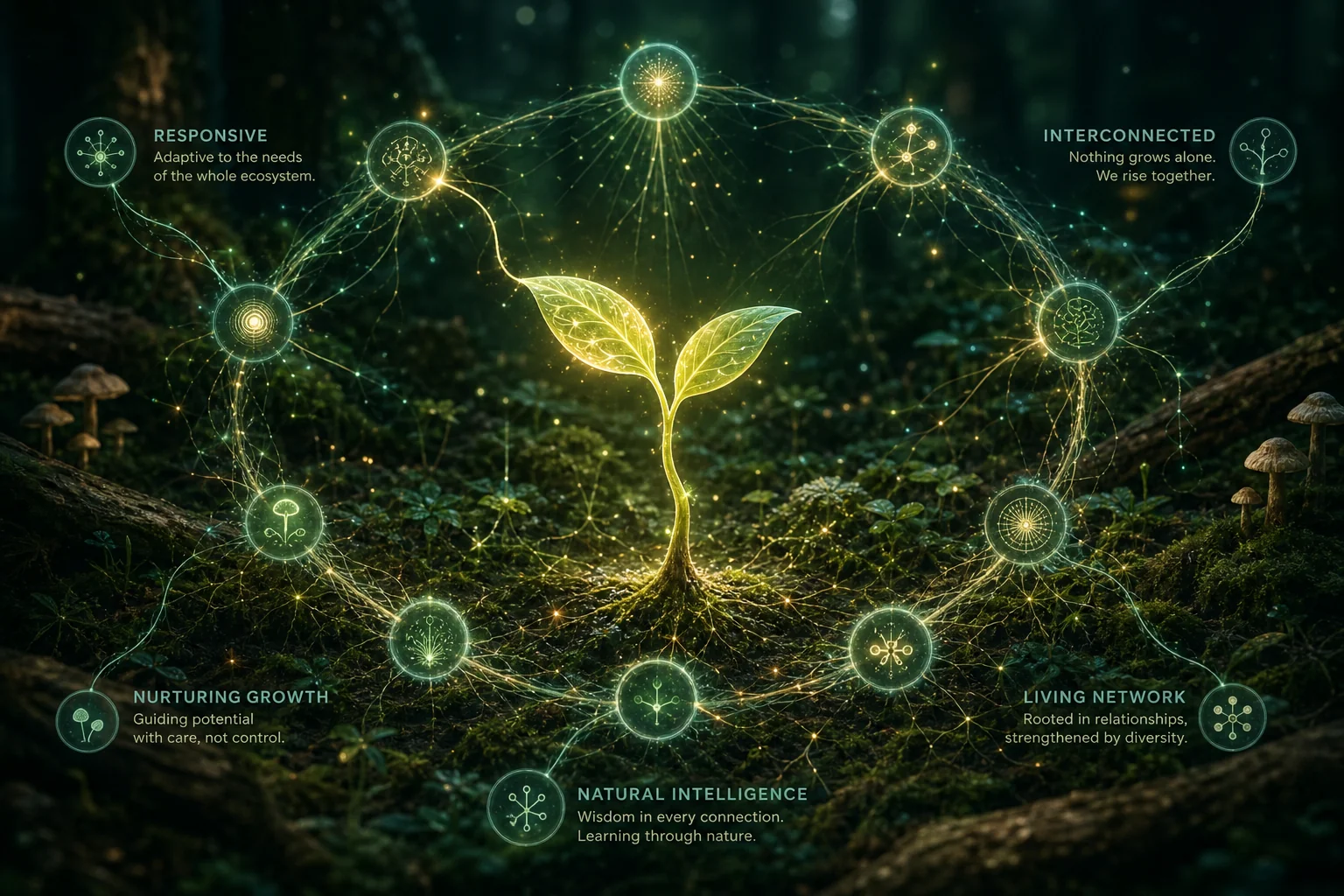 The BC + AI living ecosystem — a glowing seedling surrounded by five connected principles: responsive, interconnected, nurturing growth, natural intelligence, and living network.