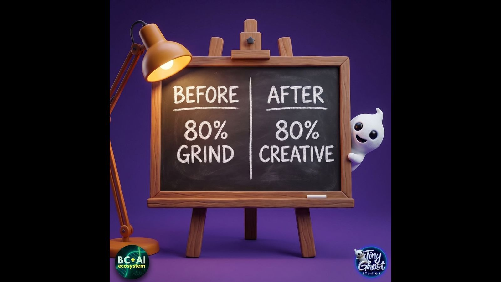 Chalkboard showing the Animation Accelerator workflow shift from production grind to creative direction