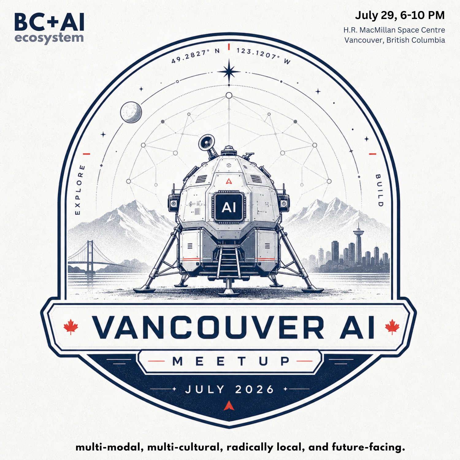 Vancouver AI Meetup July 2026 title card with Space Centre artwork.