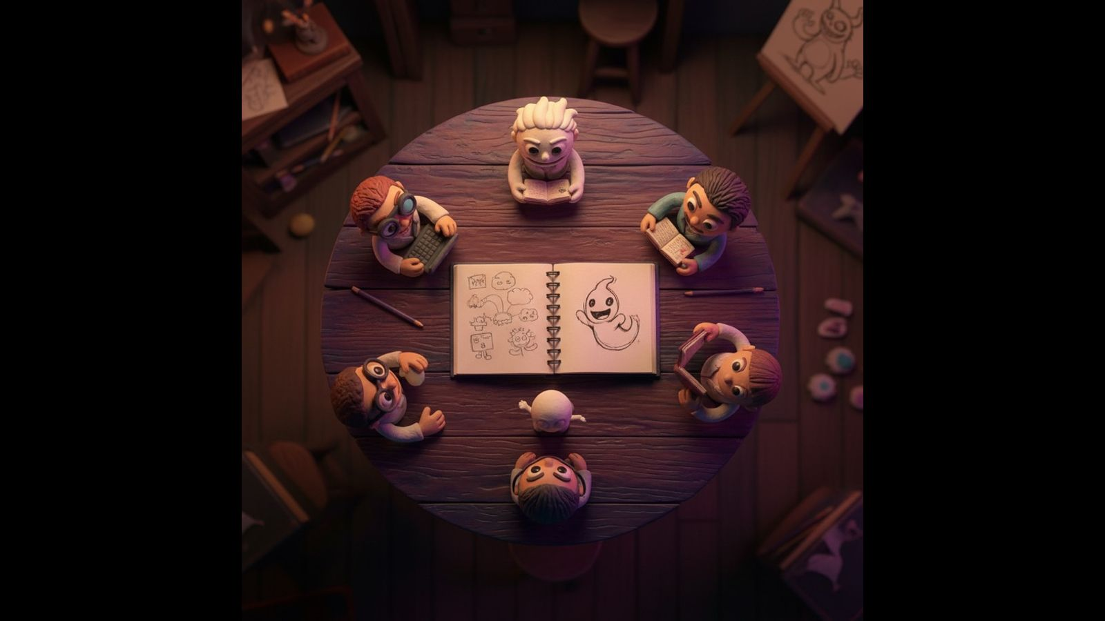 Creative team brainstorming around a table in a clay animation studio