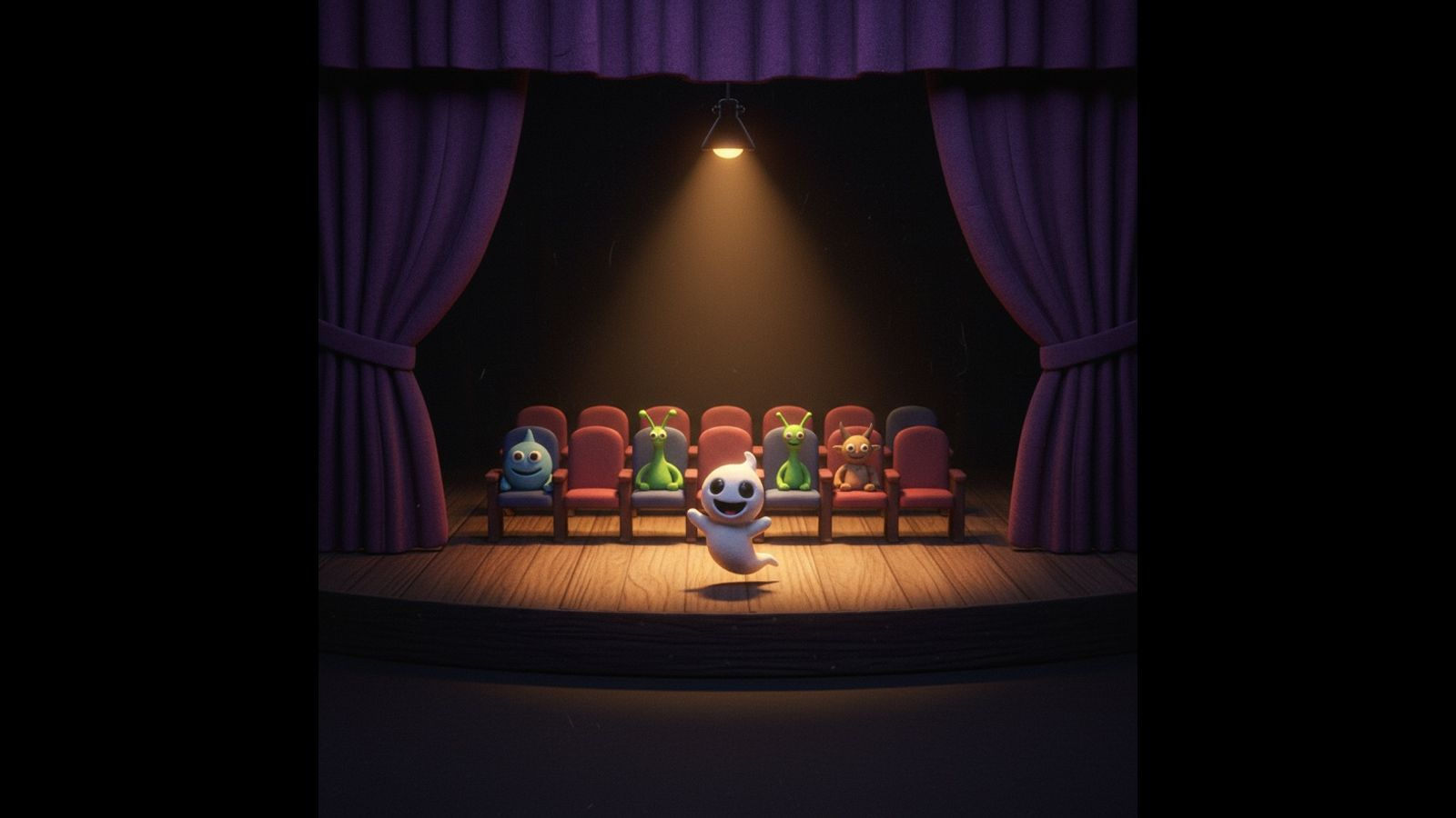 Tiny Ghost character on stage in front of a Film Club audience