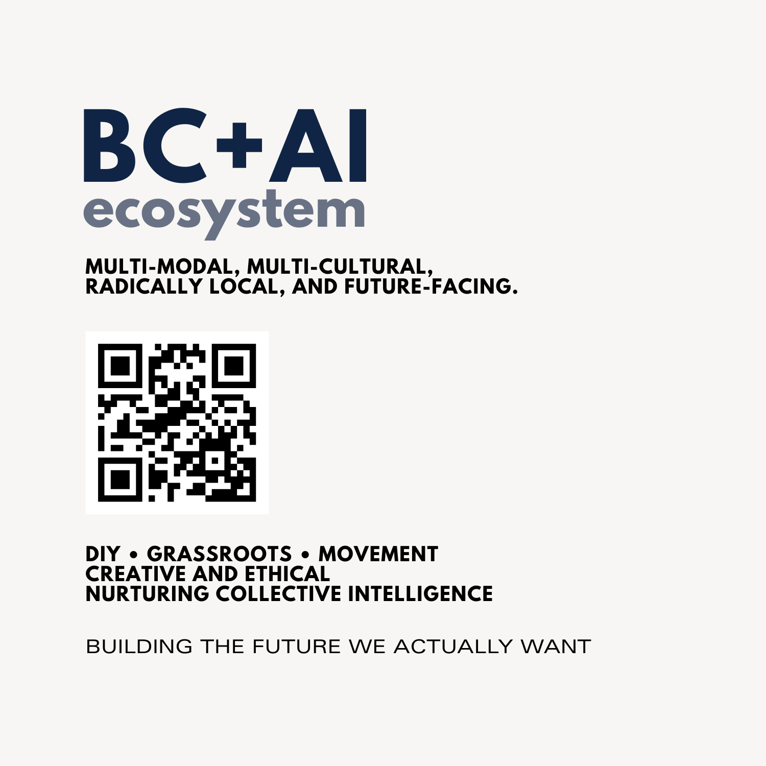 BC + AI Ecosystem QR card with DIY, grassroots, movement, creative and ethical, nurturing collective intelligence.