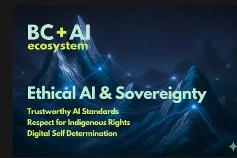 BC + AI graphic about ethical AI and sovereignty, including trustworthy AI standards, Indigenous rights, and digital self-determination.