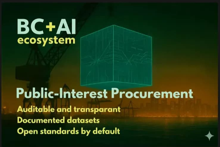 BC + AI graphic about public-interest procurement, auditable systems, documented datasets, and open standards by default.
