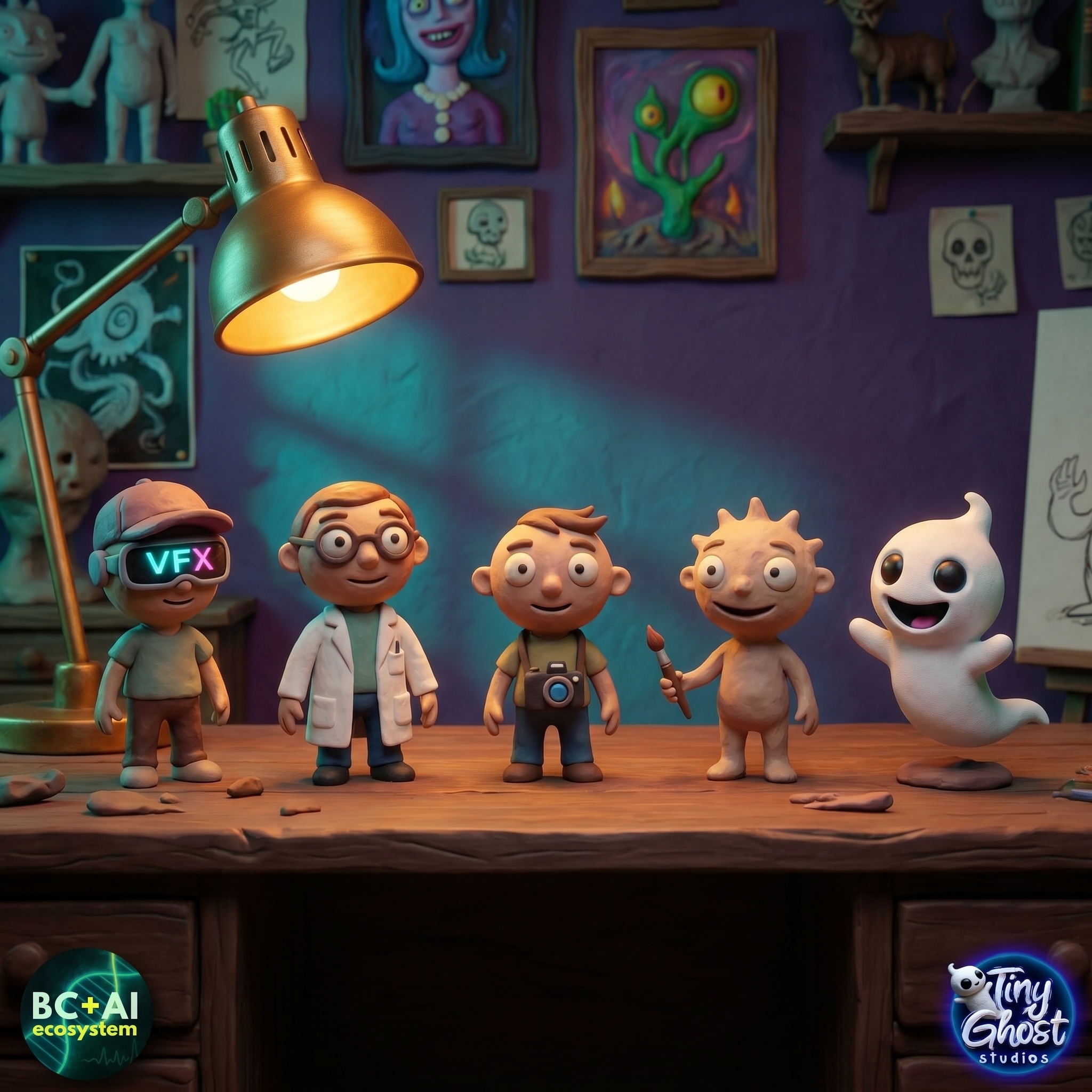 Illustrated lineup of creative roles in an animation studio: VFX, research, camera, artist, and ghost character.