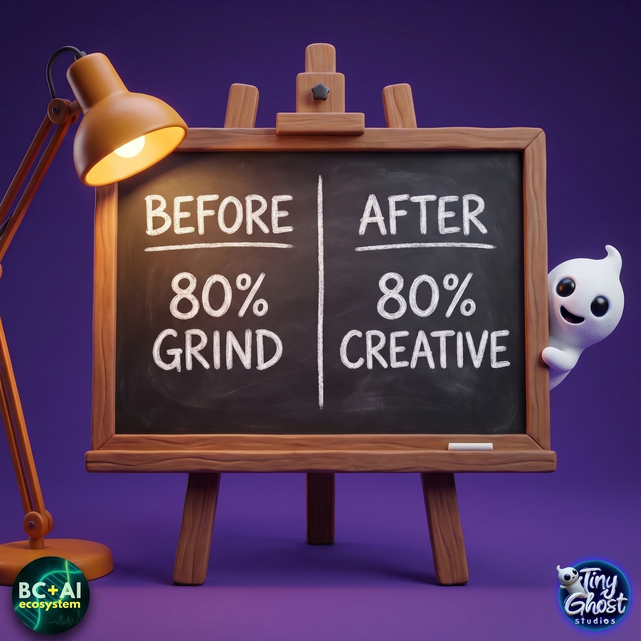 Chalkboard illustration showing the 80 percent grind before and 80 percent creative after idea from the Animation Accelerator.