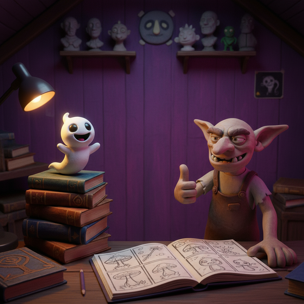 Illustrated workbench with character sketches and storyboards from the Animation Accelerator visual catalog.