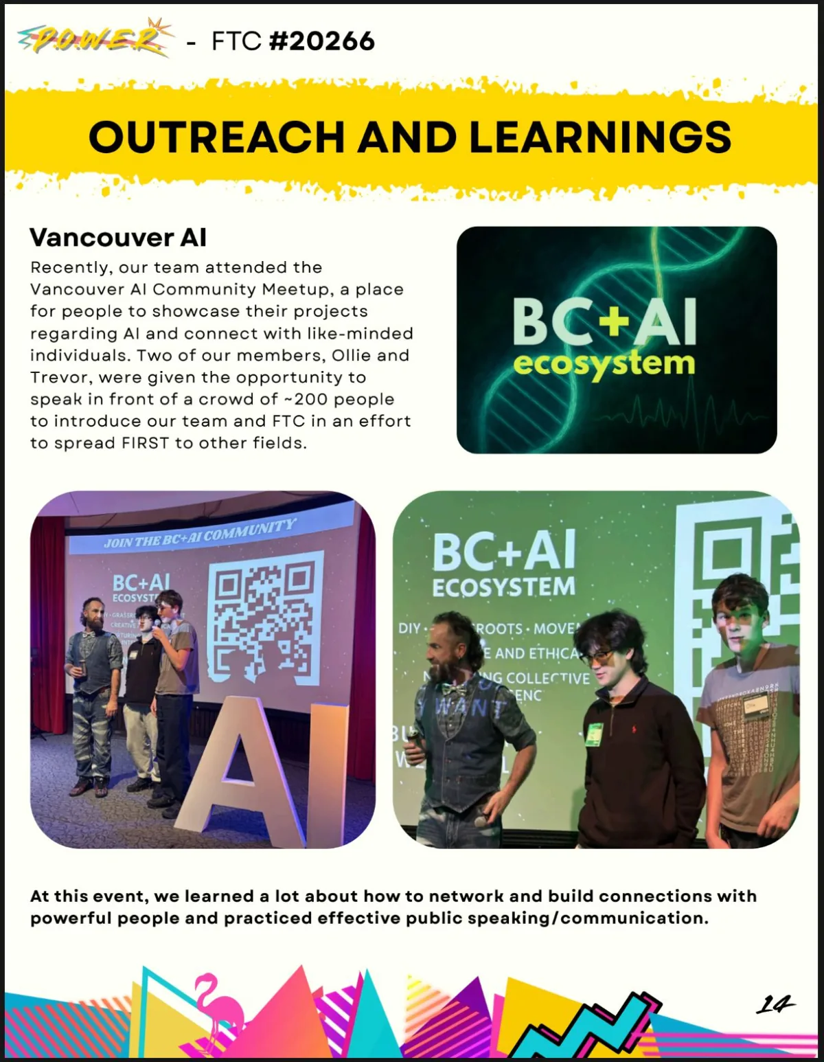A POWER robotics portfolio page showing outreach and learnings from a Vancouver AI community visit.