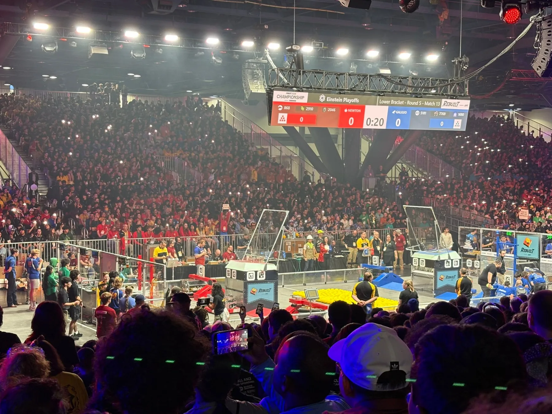 A large crowd watches the FIRST Championship Einstein Playoffs in Houston in 2026.