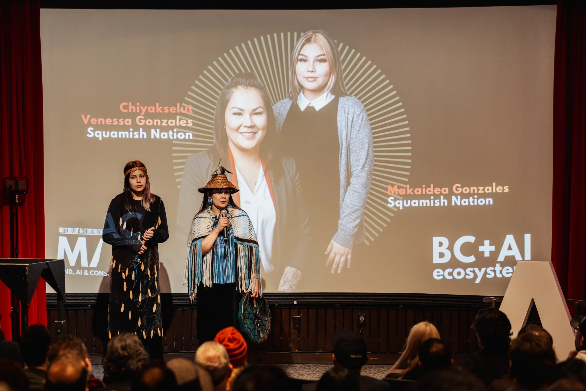 Chiyáḵsel̓ut Vanessa Gonzales and Makaidea Gonzales of Squamish Nation speak on the BC + AI stage.
